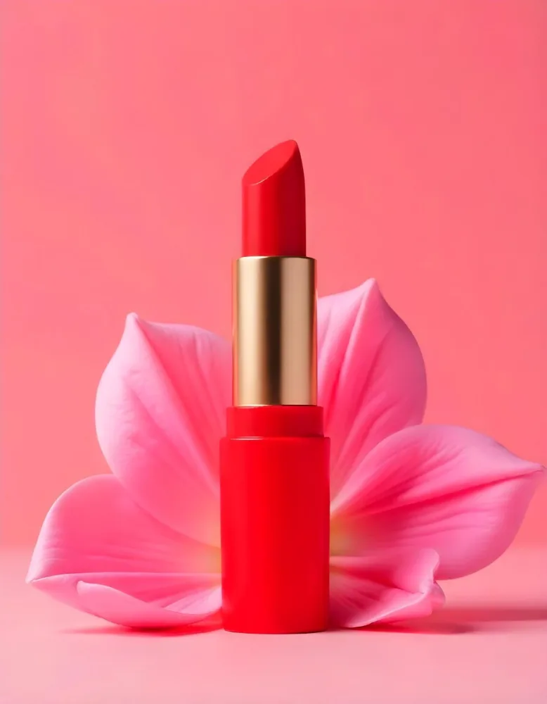 A Red Lipstick In A Red Tube Inside A Pink Flower With A Pink Background Studio Shot Product Photography 23 D30c