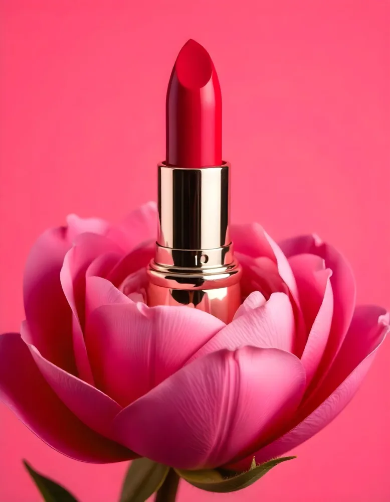 A Red Lipstick In A Red Tube Inside A Pink Flower With A Pink Background Studio Shot Product Photography 34 0d75