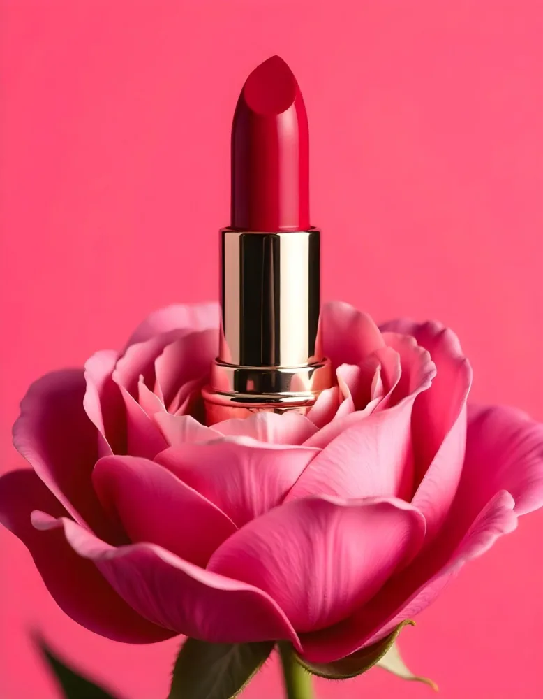 A Red Lipstick In A Red Tube Inside A Pink Flower With A Pink Background Studio Shot Product Photography 38 7230