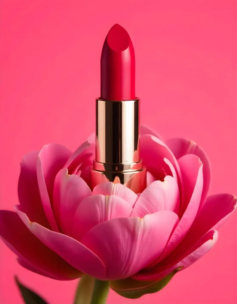 A Red Lipstick In A Red Tube Inside A Pink Flower With A Pink Background Studio Shot Product Photography 42 Ec16
