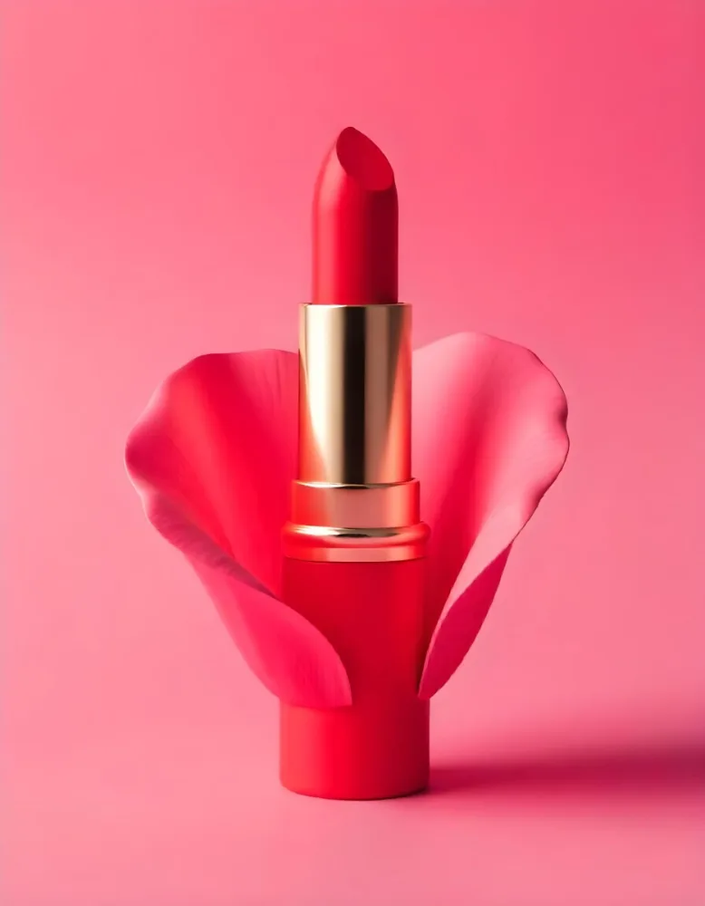A Red Lipstick In A Red Tube Inside A Pink Flower With A Pink Background Studio Shot Product Photography 43 F76a