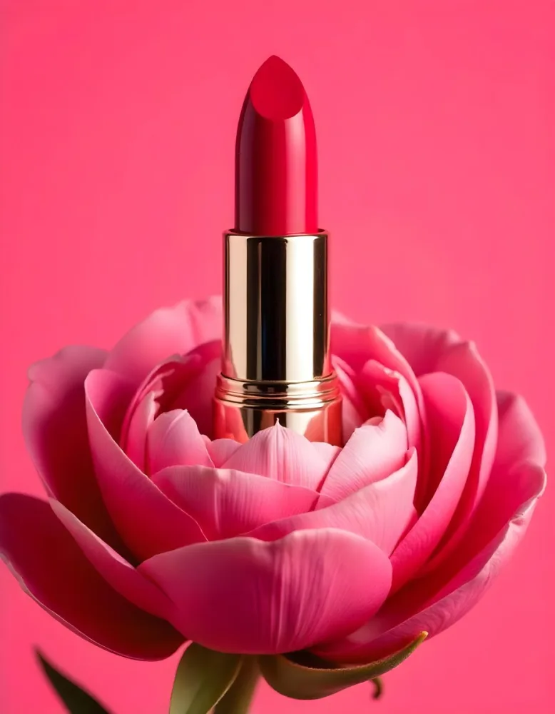 A Red Lipstick In A Red Tube Inside A Pink Flower With A Pink Background Studio Shot Product Photography 5 6590