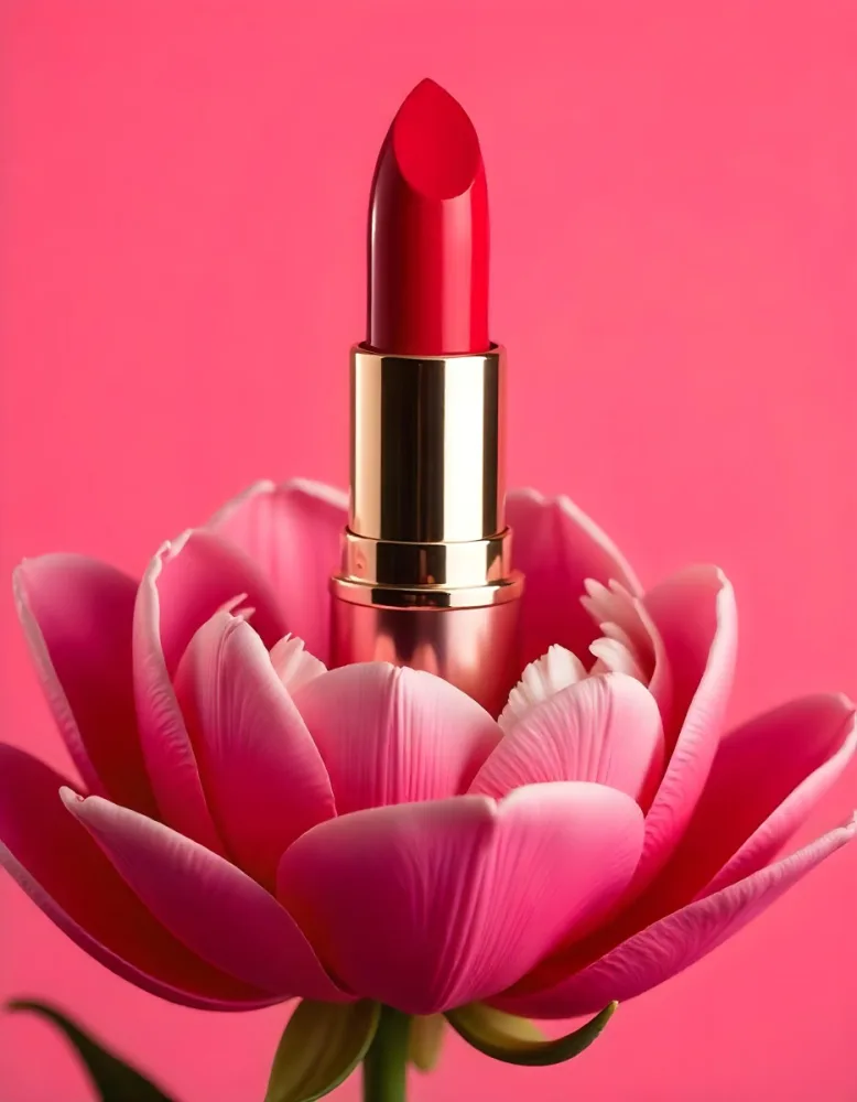 A Red Lipstick In A Red Tube Inside A Pink Flower With A Pink Background Studio Shot Product Photography 8 Cd99