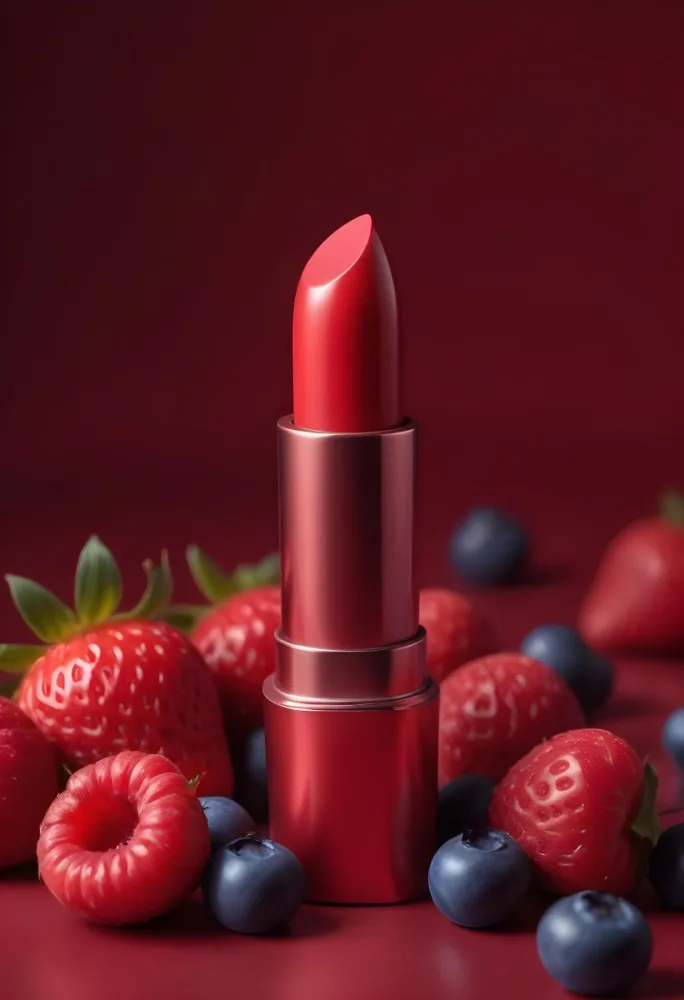 A Red Lipstick With A Metallic Finish Surrounded By Strawberries Raspberries And Blueberries In A Studio With A Red Background 2 8606