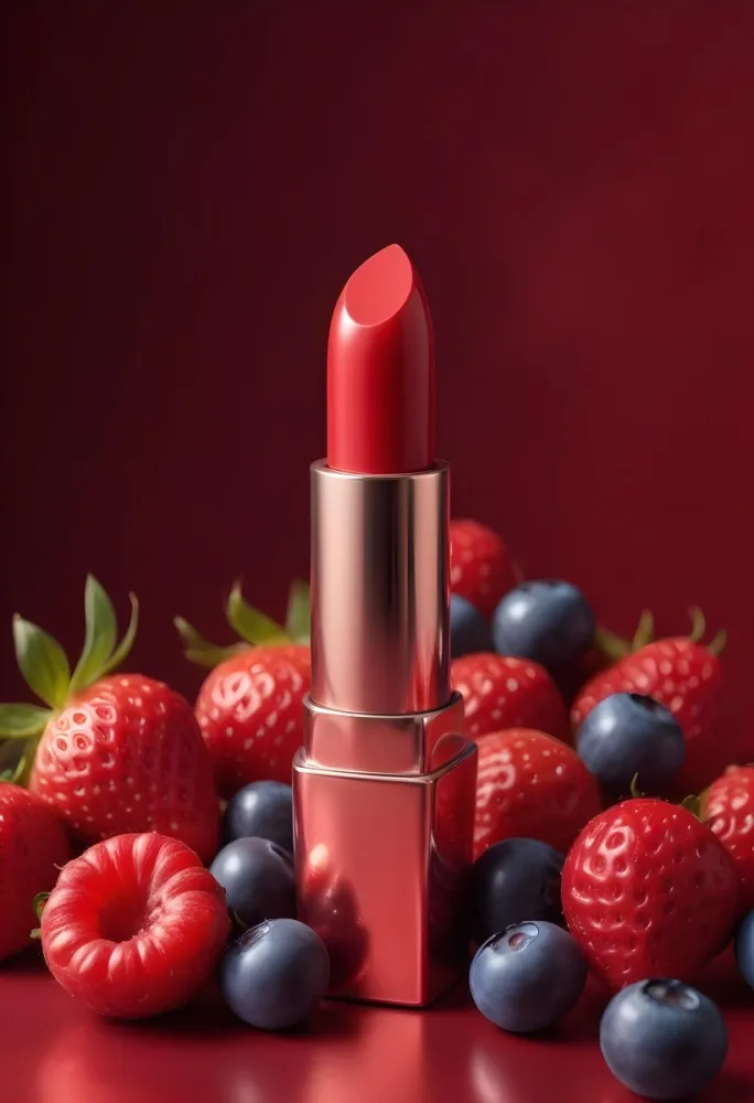 A Red Lipstick With A Metallic Finish Surrounded By Strawberries Raspberries And Blueberries In A Studio With A Red Background 32 D542