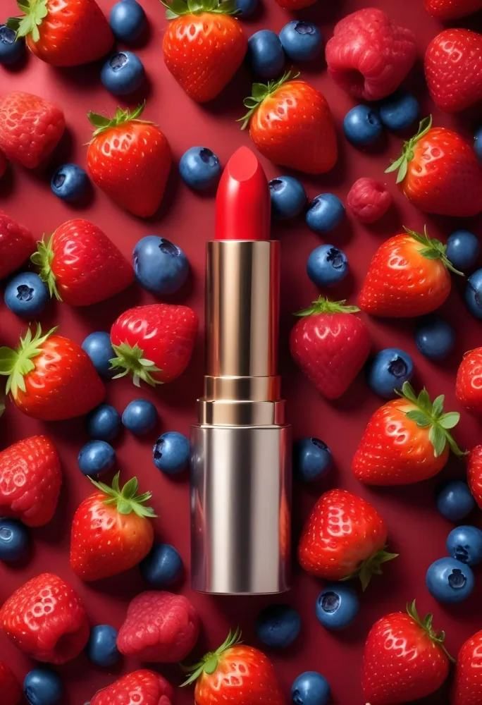 A Red Lipstick With A Metallic Finish Surrounded By Strawberries Raspberries And Blueberries In A Studio With A Red Background 9 312f