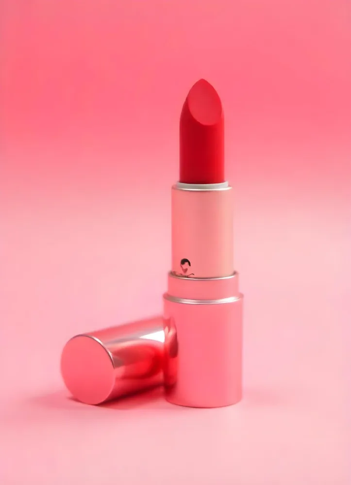 A Red Lipstick With A Metallic Pink Case The Cap Is Off And Lying On The Side In A Pink Background With Soft Light 1 54f4
