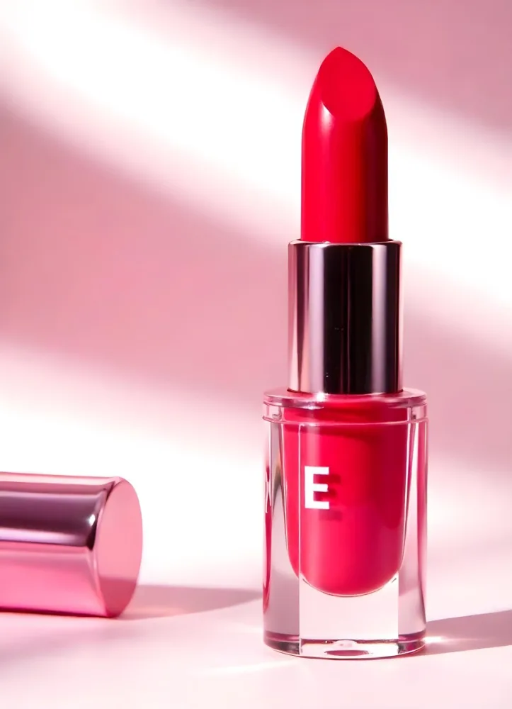 A Red Lipstick With A Metallic Pink Case The Cap Is Off And Lying On The Side In A Pink Background With Soft Light 16 8ed8
