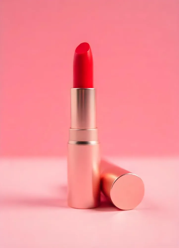 A Red Lipstick With A Metallic Pink Case The Cap Is Off And Lying On The Side In A Pink Background With Soft Light 17 Cf06