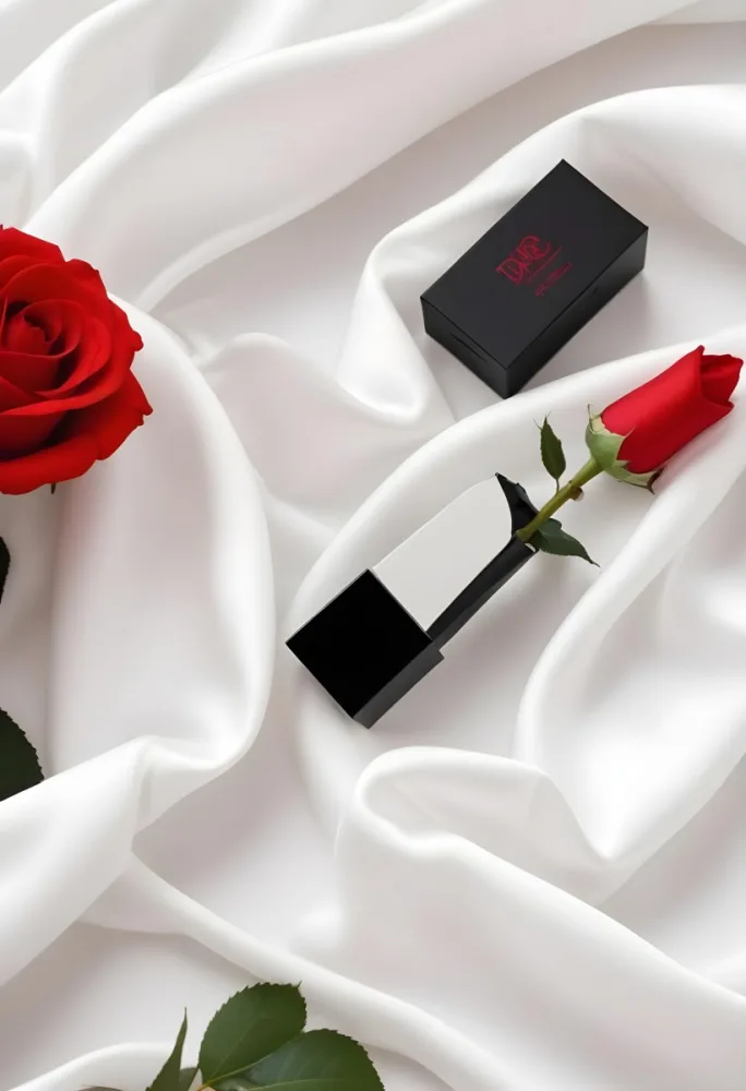 A Red Lipstick With A Red Cap A Red Rose And A Black Box On A White Silk Fabric Elegant And Luxurious Soft Lighting High Resolution 29 C936