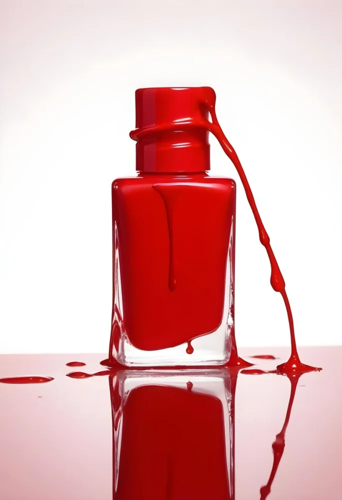 A Red Nail Polish Bottle With Nail Polish Dripping Down The Side On A Red Background 18 E335
