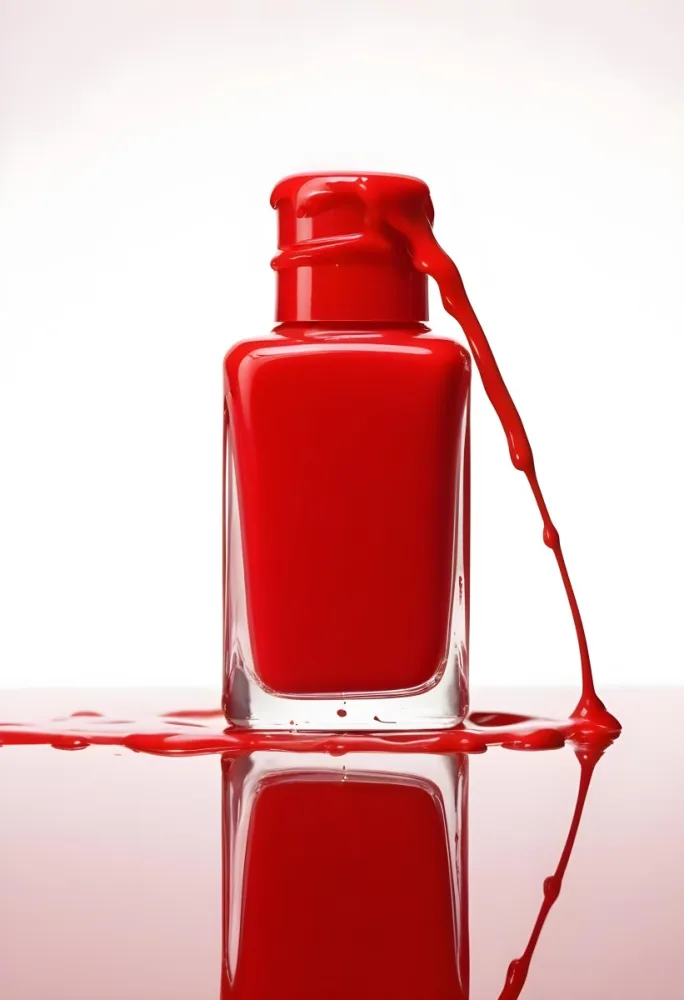 A Red Nail Polish Bottle With Nail Polish Dripping Down The Side On A Red Background 2 D932
