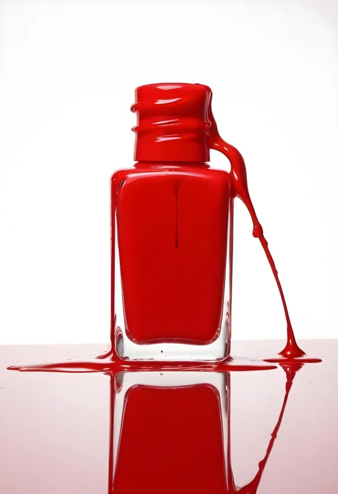 A Red Nail Polish Bottle With Nail Polish Dripping Down The Side On A Red Background 25 7208