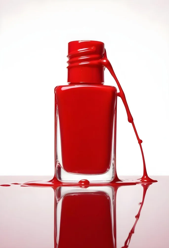 A Red Nail Polish Bottle With Nail Polish Dripping Down The Side On A Red Background 7 72c6