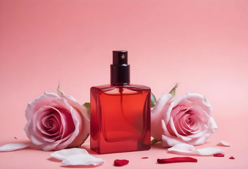 A Red Perfume Bottle With A Sprayer On Top Two Red Roses And Petals On A Red Background 14 C9ba