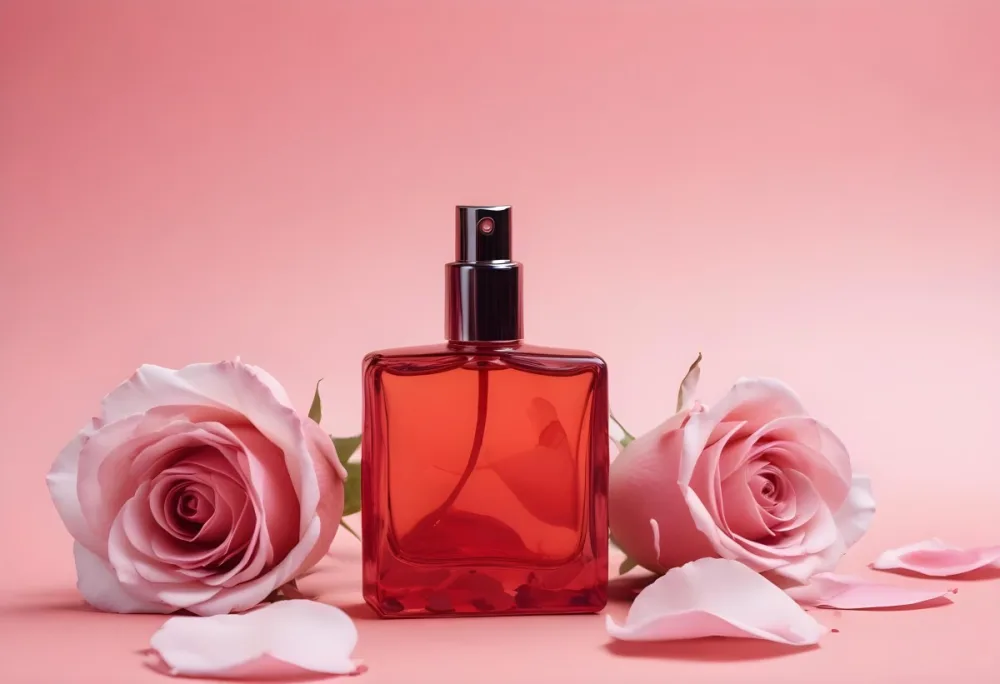 A Red Perfume Bottle With A Sprayer On Top Two Red Roses And Petals On A Red Background 21 0edb