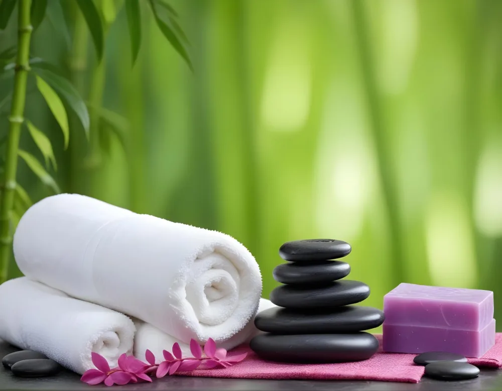 A Rolled White Towel Placed Next To Smooth Black Stones Green Fern Leaves And Small Purple And Pink Soap Bars The Background Features A Blurred Green Bamboo Setting Creating A Tranquil Spa Like Atmosphere 1 Defa