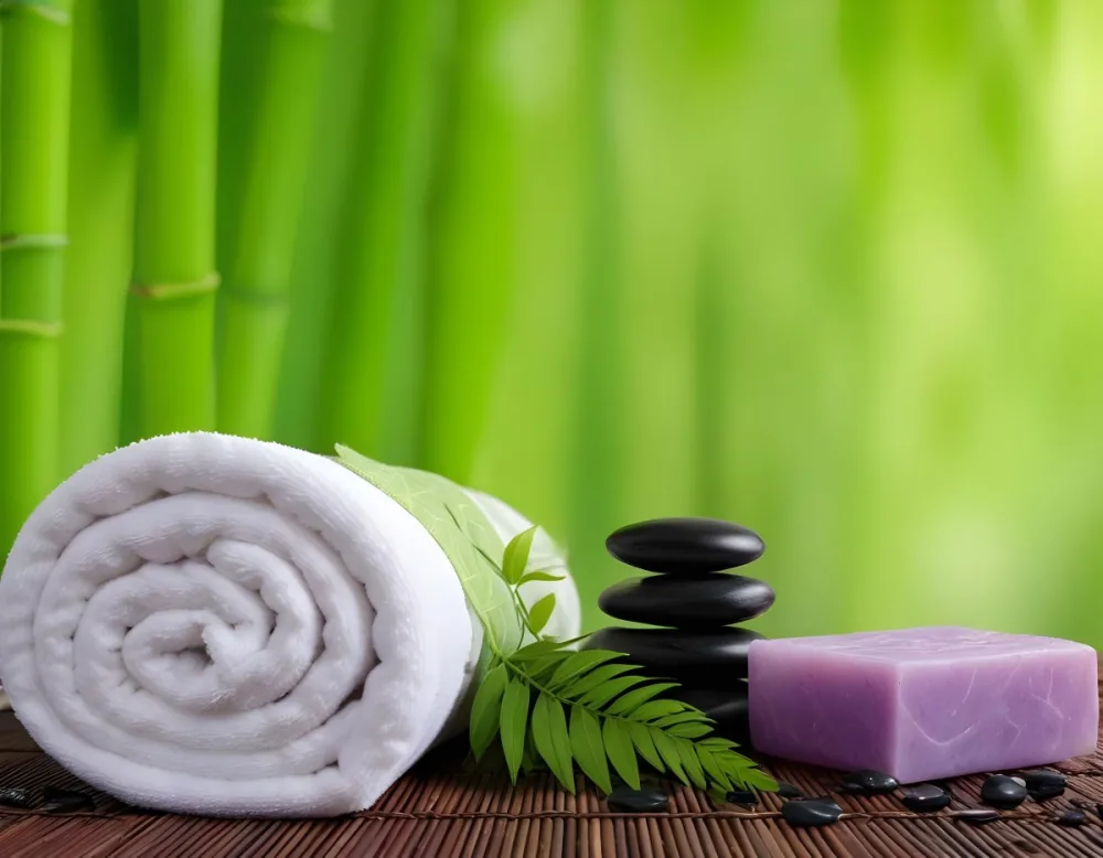 A Rolled White Towel Placed Next To Smooth Black Stones Green Fern Leaves And Small Purple And Pink Soap Bars The Background Features A Blurred Green Bamboo Setting Creating A Tranquil Spa Like Atmosphere 10 B661