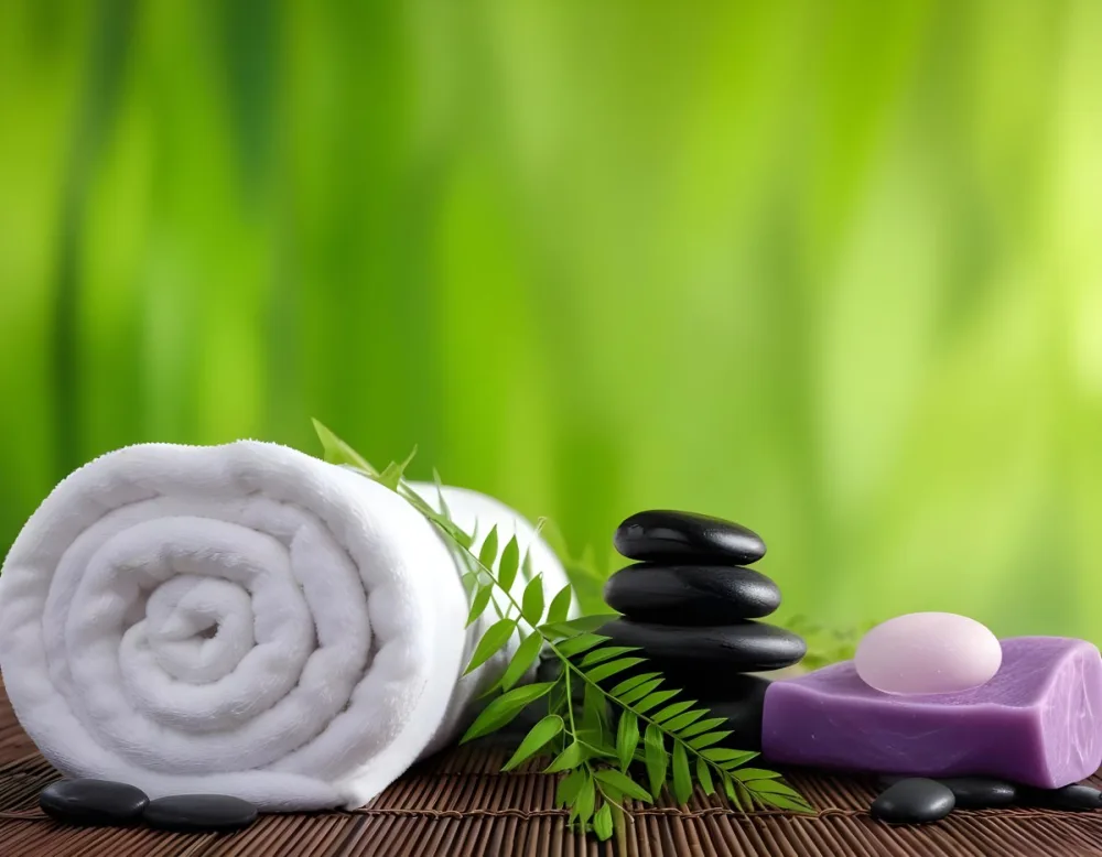A Rolled White Towel Placed Next To Smooth Black Stones Green Fern Leaves And Small Purple And Pink Soap Bars The Background Features A Blurred Green Bamboo Setting Creating A Tranquil Spa Like Atmosphere 12 A1ec