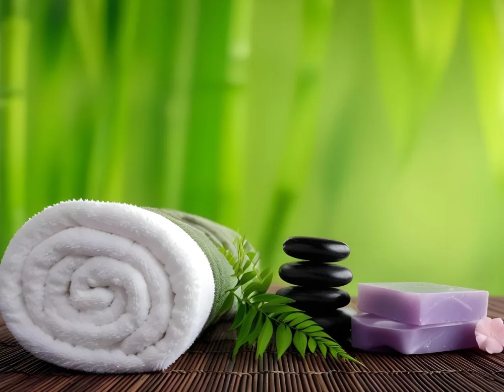 A Rolled White Towel Placed Next To Smooth Black Stones Green Fern Leaves And Small Purple And Pink Soap Bars The Background Features A Blurred Green Bamboo Setting Creating A Tranquil Spa Like Atmosphere 14 A4b7
