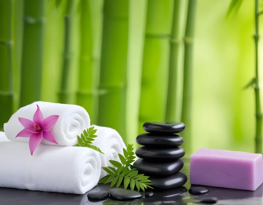 A Rolled White Towel Placed Next To Smooth Black Stones Green Fern Leaves And Small Purple And Pink Soap Bars The Background Features A Blurred Green Bamboo Setting Creating A Tranquil Spa Like Atmosphere 2 E3e1