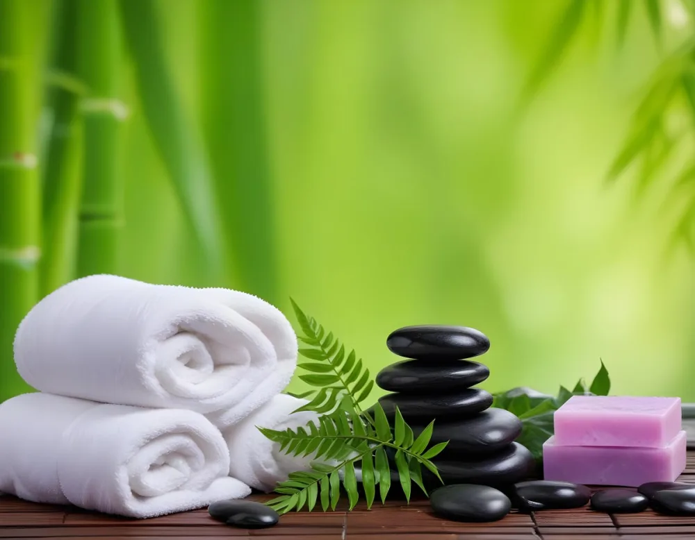 A Rolled White Towel Placed Next To Smooth Black Stones Green Fern Leaves And Small Purple And Pink Soap Bars The Background Features A Blurred Green Bamboo Setting Creating A Tranquil Spa Like Atmosphere 5 9261