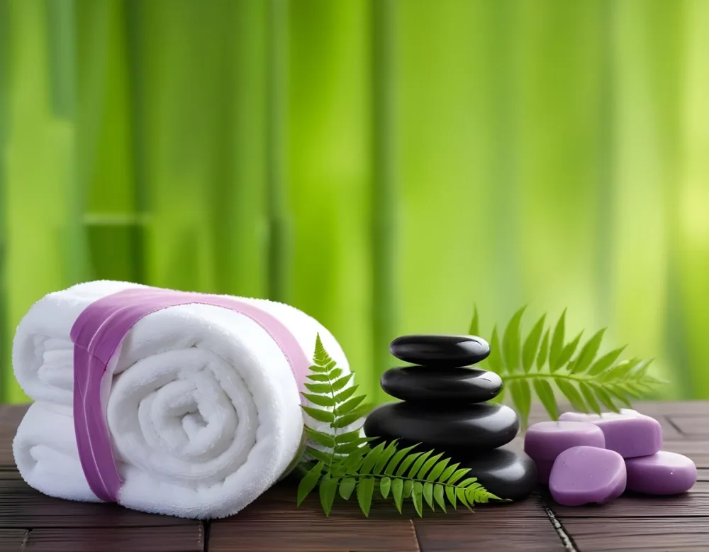 A Rolled White Towel Placed Next To Smooth Black Stones Green Fern Leaves And Small Purple And Pink Soap Bars The Background Features A Blurred Green Bamboo Setting Creating A Tranquil Spa Like Atmosphere 6 9405