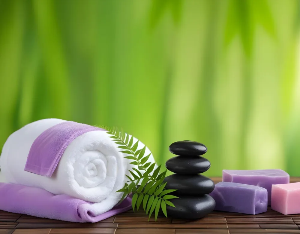 A Rolled White Towel Placed Next To Smooth Black Stones Green Fern Leaves And Small Purple And Pink Soap Bars The Background Features A Blurred Green Bamboo Setting Creating A Tranquil Spa Like Atmosphere 7 F0d5
