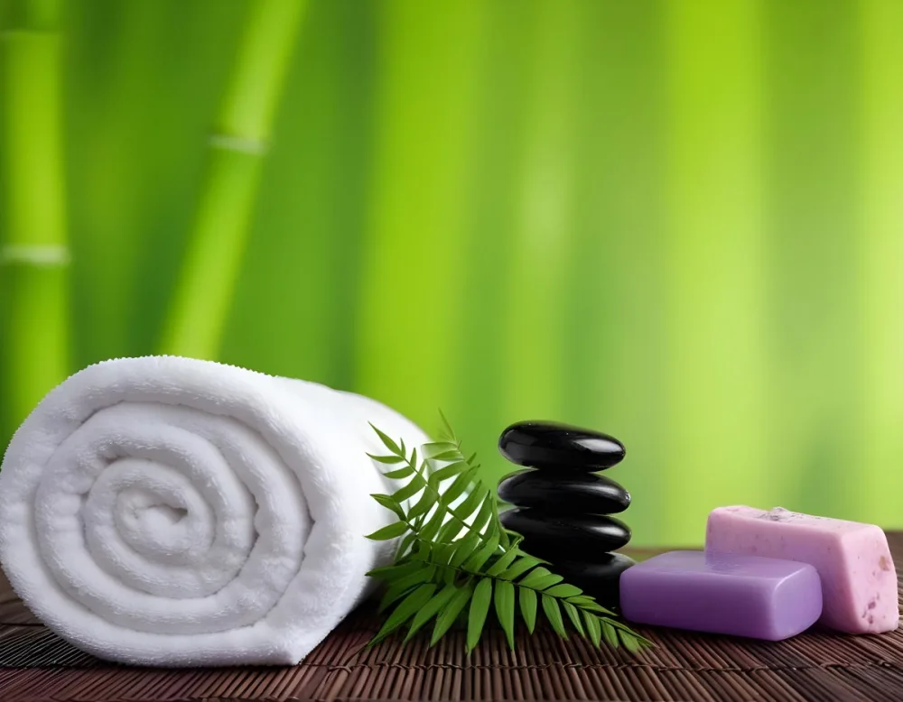 A Rolled White Towel Placed Next To Smooth Black Stones Green Fern Leaves And Small Purple And Pink Soap Bars The Background Features A Blurred Green Bamboo Setting Creating A Tranquil Spa Like Atmosphere 8 0aa0