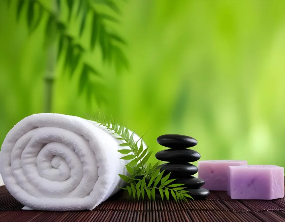 A Rolled White Towel Placed Next To Smooth Black Stones Green Fern Leaves And Small Purple And Pink Soap Bars The Background Features A Blurred Green Bamboo Setting Creating A Tranquil Spa Like Atmosphere 9 2bfc