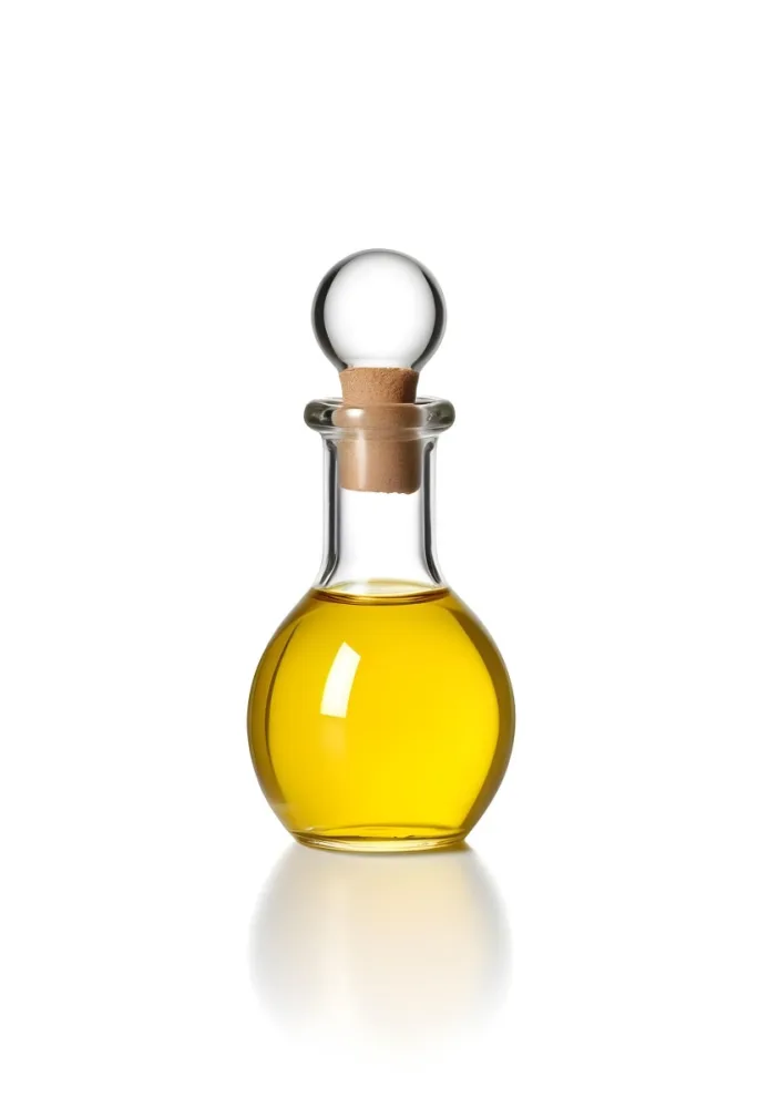 A Small Glass Bottle With A Round Stopper Filled With Yellow Liquid On A White Background 20 F73b