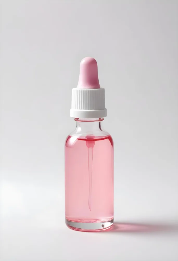A Small Glass Bottle With A White Cap And A White Dropper Filled With A Pink Liquid On A White Background 38 0084