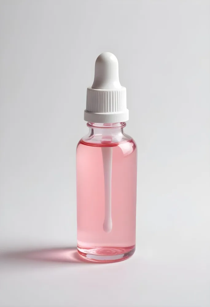 A Small Glass Bottle With A White Cap And A White Dropper Filled With A Pink Liquid On A White Background 46 52f5