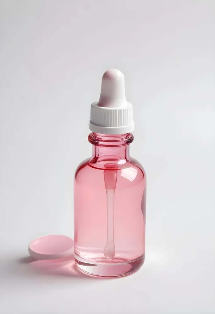 A Small Glass Bottle With A White Cap And A White Dropper Filled With A Pink Liquid On A White Background 49 9803