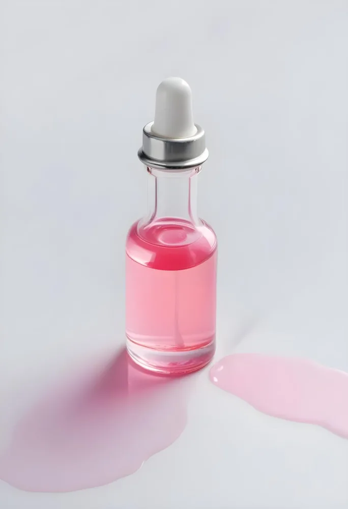 A Small Glass Bottle With A White Cap And A White Dropper Filled With A Pink Liquid On A White Background 5 029e