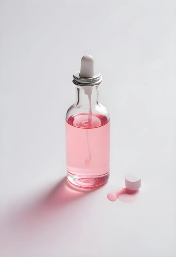 A Small Glass Bottle With A White Cap And A White Dropper Filled With A Pink Liquid On A White Background 52 C3e3