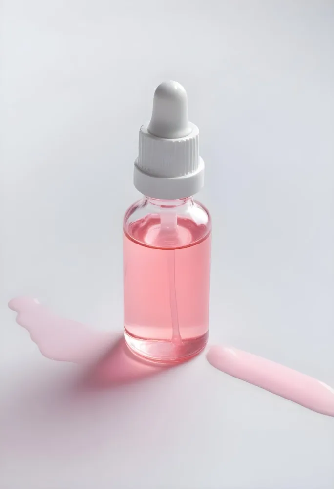 A Small Glass Bottle With A White Cap And A White Dropper Filled With A Pink Liquid On A White Background 8 37dd