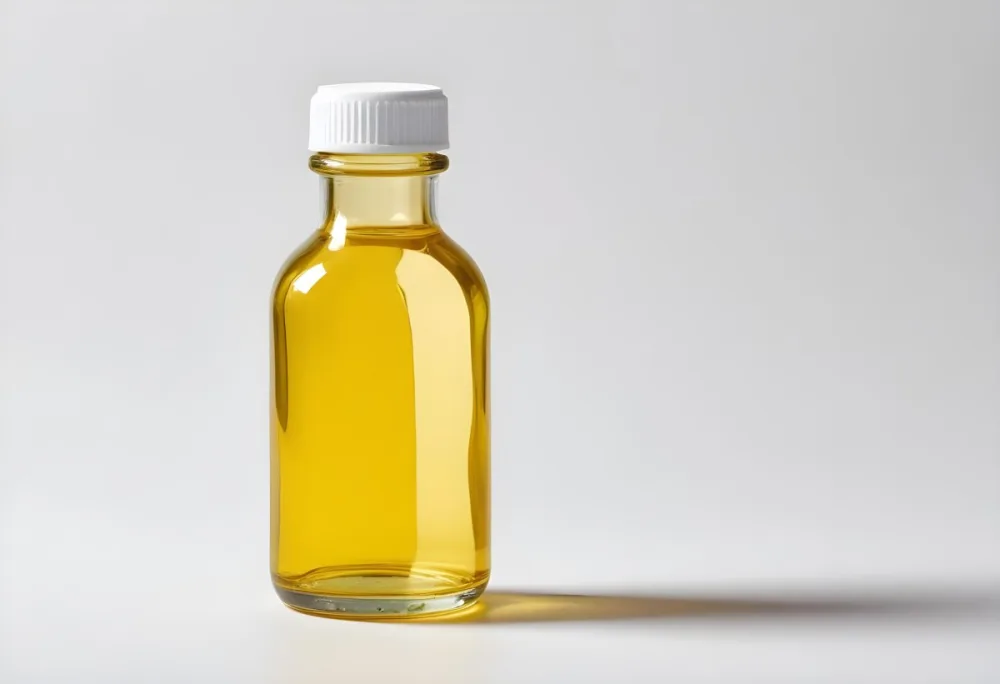 A Small Glass Bottle With A White Cap Filled With Yellow Liquid Isolated On A White Background Studio Shot Product Photography 7 Bc75