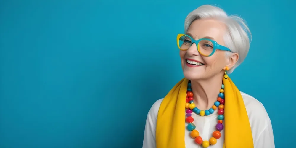A Smiling Elderly Woman With Short Platinum Blonde Hair And Bright Yellow Oversized Glasses She Is Wearing A White Blouse And A Vibrant Blue Scarf Adorned With A Colorful Necklace Made Of Large Round Beads The Backgr 11 7247