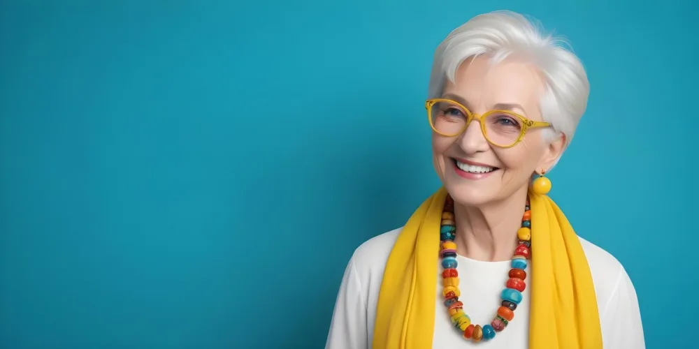 A Smiling Elderly Woman With Short Platinum Blonde Hair And Bright Yellow Oversized Glasses She Is Wearing A White Blouse And A Vibrant Blue Scarf Adorned With A Colorful Necklace Made Of Large Round Beads The Backgr 12 2c8a