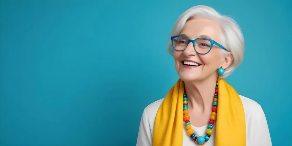 A Smiling Elderly Woman With Short Platinum Blonde Hair And Bright Yellow Oversized Glasses She Is Wearing A White Blouse And A Vibrant Blue Scarf Adorned With A Colorful Necklace Made Of Large Round Beads The Backgr 15 C75a