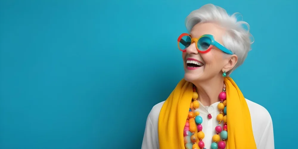 A Smiling Elderly Woman With Short Platinum Blonde Hair And Bright Yellow Oversized Glasses She Is Wearing A White Blouse And A Vibrant Blue Scarf Adorned With A Colorful Necklace Made Of Large Round Beads The Backgr 22 Ff1f