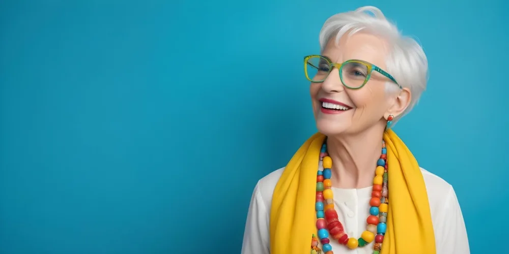 A Smiling Elderly Woman With Short Platinum Blonde Hair And Bright Yellow Oversized Glasses She Is Wearing A White Blouse And A Vibrant Blue Scarf Adorned With A Colorful Necklace Made Of Large Round Beads The Backgr 26 Fec1