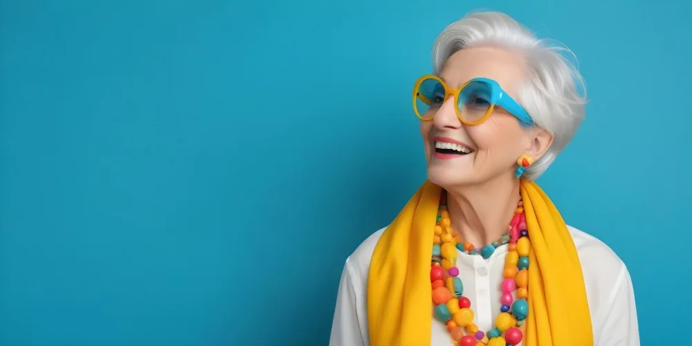 A Smiling Elderly Woman With Short Platinum Blonde Hair And Bright Yellow Oversized Glasses She Is Wearing A White Blouse And A Vibrant Blue Scarf Adorned With A Colorful Necklace Made Of Large Round Beads The Backgr 27 Dbe8