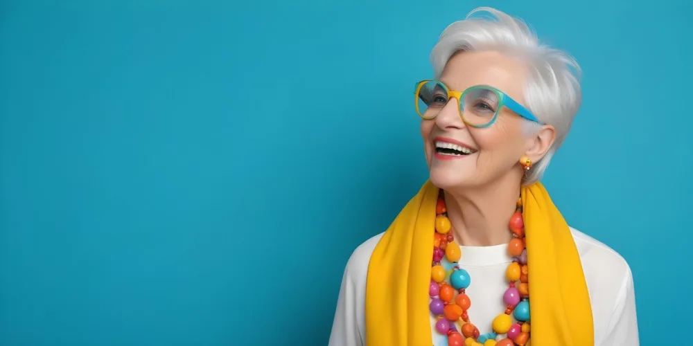 A Smiling Elderly Woman With Short Platinum Blonde Hair And Bright Yellow Oversized Glasses She Is Wearing A White Blouse And A Vibrant Blue Scarf Adorned With A Colorful Necklace Made Of Large Round Beads The Backgr 29 2f85