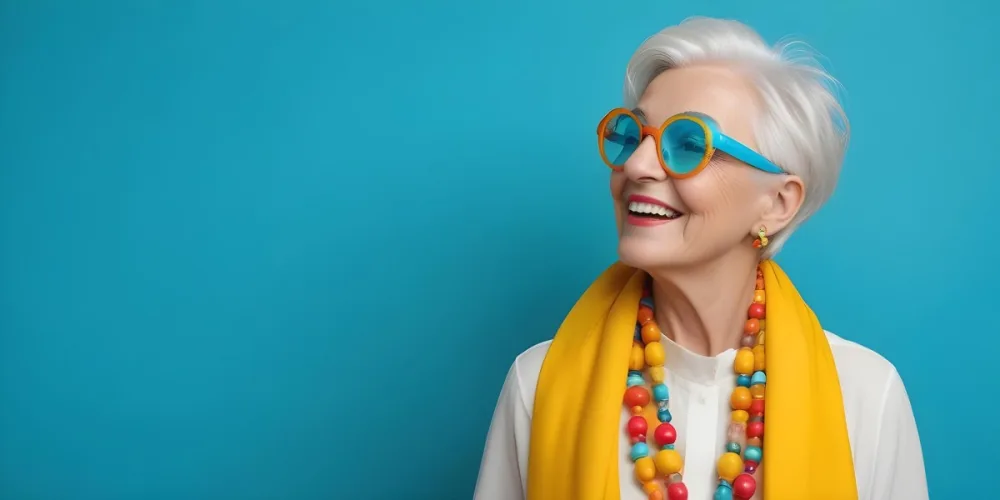 A Smiling Elderly Woman With Short Platinum Blonde Hair And Bright Yellow Oversized Glasses She Is Wearing A White Blouse And A Vibrant Blue Scarf Adorned With A Colorful Necklace Made Of Large Round Beads The Backgr 3 F394
