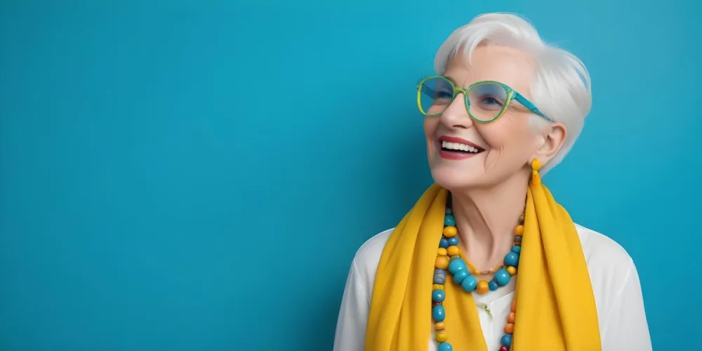 A Smiling Elderly Woman With Short Platinum Blonde Hair And Bright Yellow Oversized Glasses She Is Wearing A White Blouse And A Vibrant Blue Scarf Adorned With A Colorful Necklace Made Of Large Round Beads The Backgr 32 Ffba