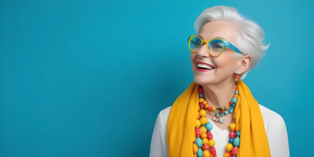 A Smiling Elderly Woman With Short Platinum Blonde Hair And Bright Yellow Oversized Glasses She Is Wearing A White Blouse And A Vibrant Blue Scarf Adorned With A Colorful Necklace Made Of Large Round Beads The Backgr 34 4925