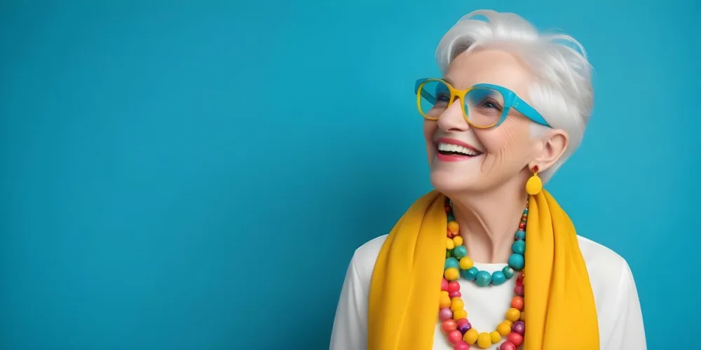 A Smiling Elderly Woman With Short Platinum Blonde Hair And Bright Yellow Oversized Glasses She Is Wearing A White Blouse And A Vibrant Blue Scarf Adorned With A Colorful Necklace Made Of Large Round Beads The Backgr 36 79d2