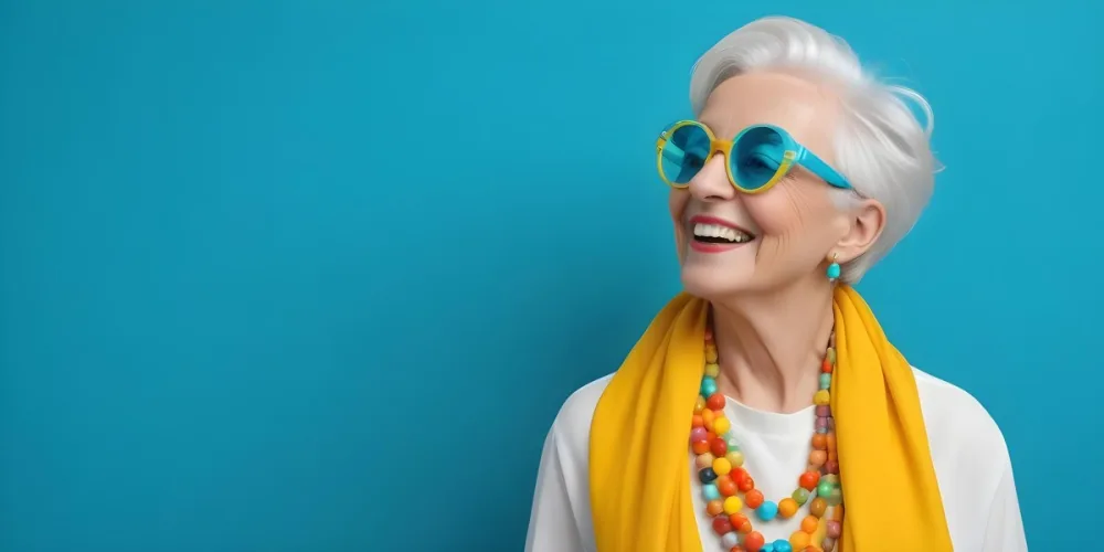A Smiling Elderly Woman With Short Platinum Blonde Hair And Bright Yellow Oversized Glasses She Is Wearing A White Blouse And A Vibrant Blue Scarf Adorned With A Colorful Necklace Made Of Large Round Beads The Backgr 4 4014
